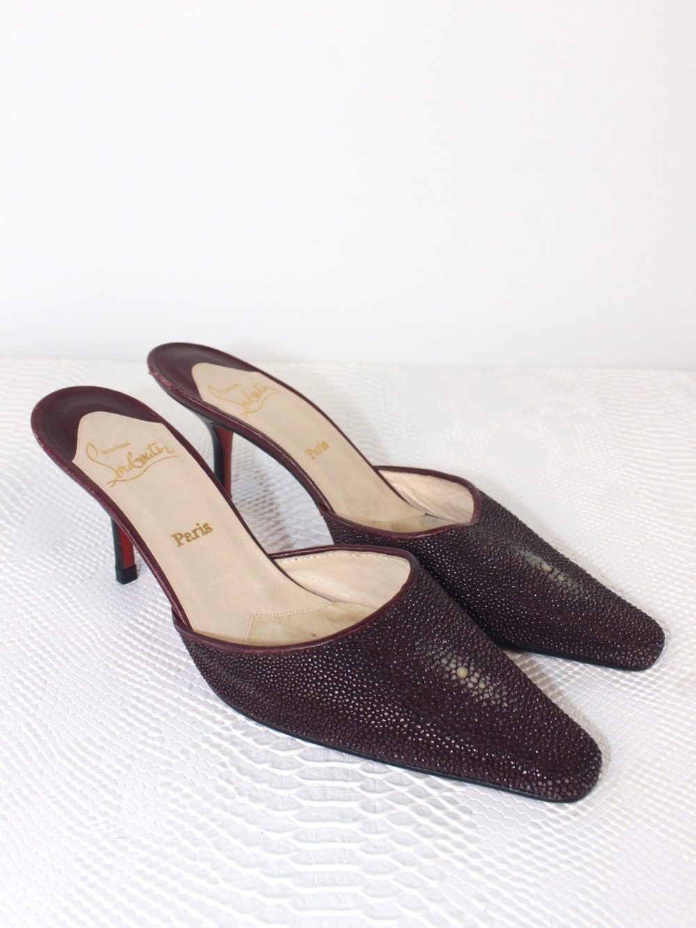 Christian Louboutin Authentic Stingray Deep Burgundy Beaded Mule Heels